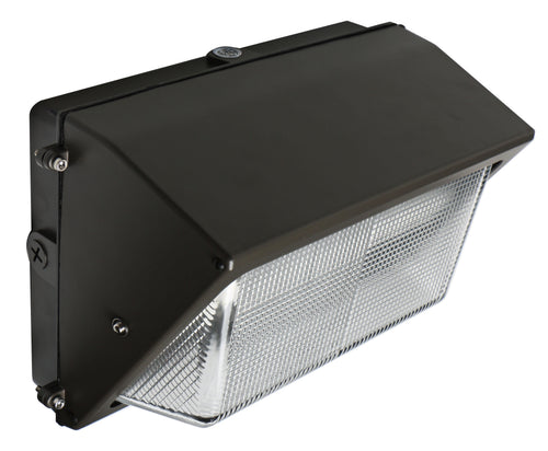 The naturaLED 80W LED Wall Pack features a black metal housing and a rectangular clear prismatic lens, displayed angled from the side against a white background.