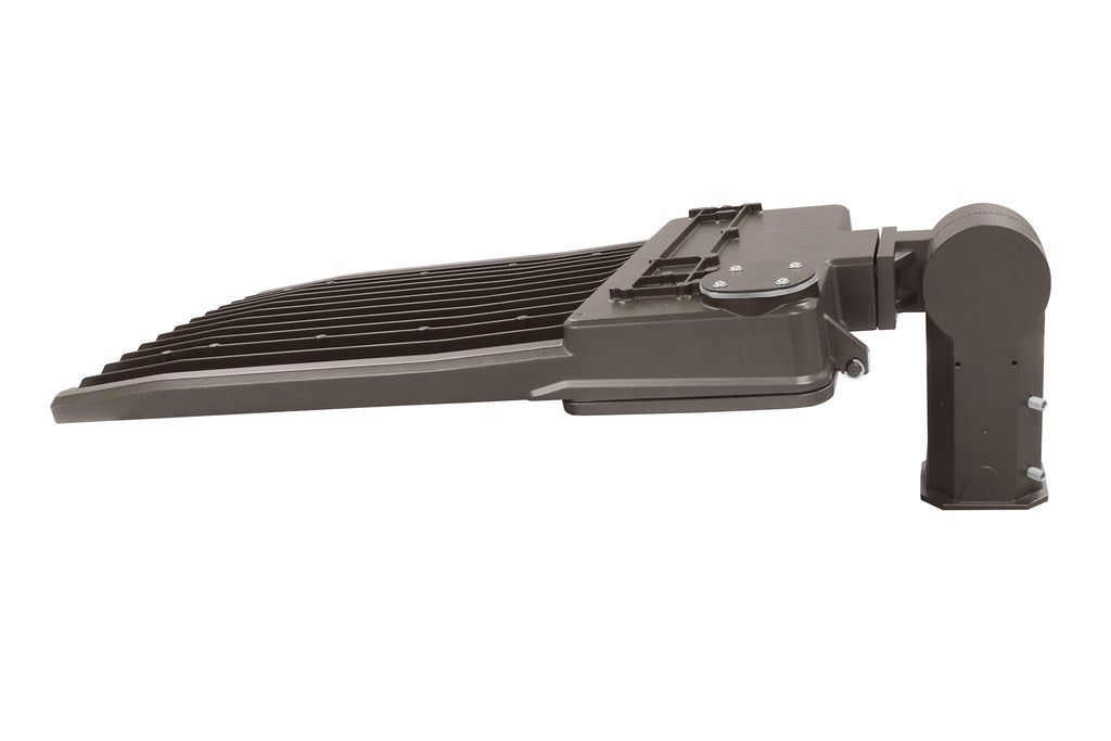 Side view of the GKOLED 300W LED Area Light — Type IV, featuring a mounting bracket, shown against a white background.