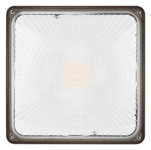 GKOLED 60W Selectable LED Canopy Light with a clear, ribbed plastic cover and a brown frame, viewed from the front.