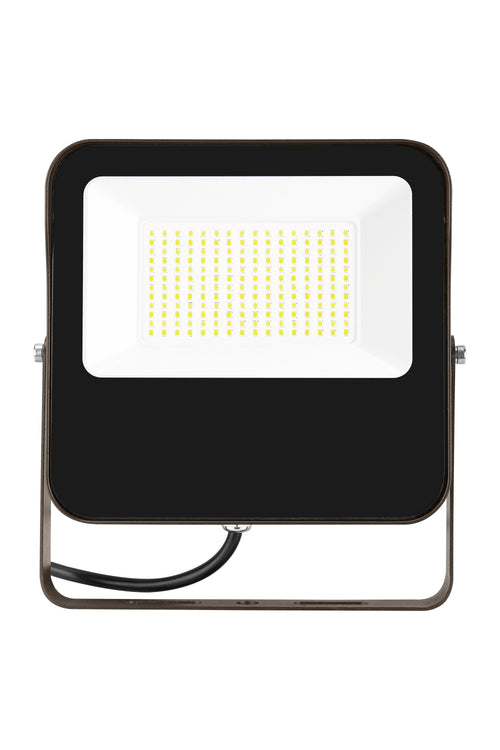 GKOLED’s 65W Selectable LED Flood Light (GKOFDG11) features a square design with a black frame, white reflector, and rows of yellow LED lights. A power cord extends from the bottom, and the product is shown against a plain white background.
