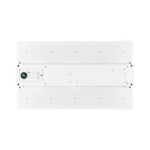 Seen from below, the GKOLED 160W Selectable LED Linear High Bay (347-480V) features a rectangular white fixture with a central control panel and mounting points on its ribbed metal surface.