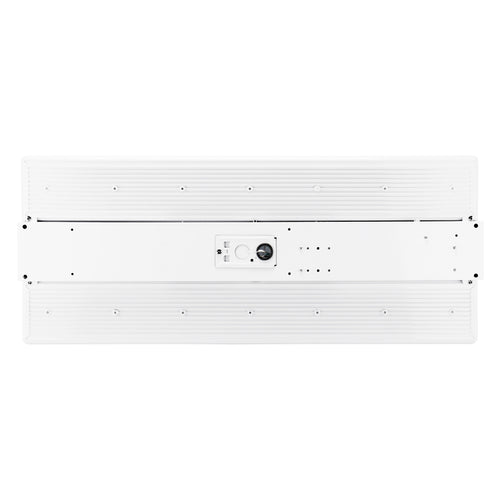 The GKOLED 205W Selectable LED Linear High Bay is viewed from the back, highlighting its central mounting bracket and multiple screw holes.