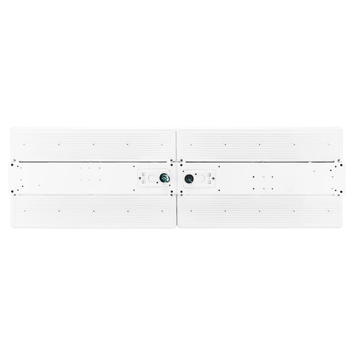 Two rectangular GKOLED 410W Selectable LED Linear High Bay panels, positioned side by side and viewed from above, display their attachment and wiring points on the surfaces.