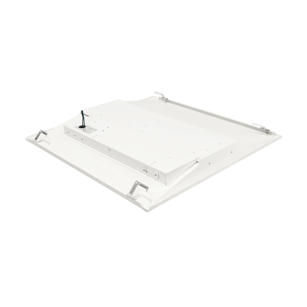 The GKOLED 30W Selectable LED Recessed Panel — 2x2 is shown facing down, highlighting its back panel, mounting brackets, and exposed wiring.