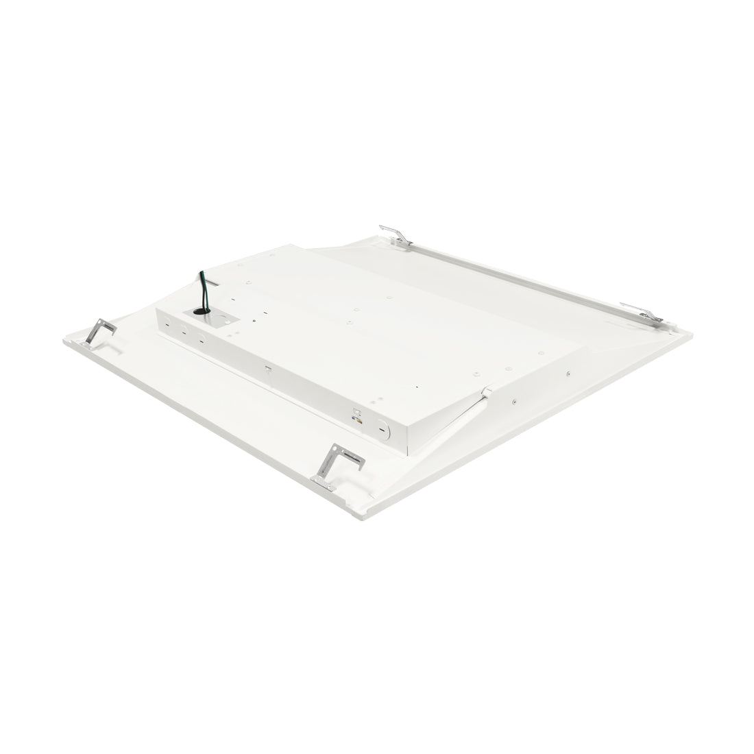 The GKOLED 30W Selectable LED Recessed Panel — 2x2 is shown facing down, highlighting its back panel, mounting brackets, and exposed wiring.