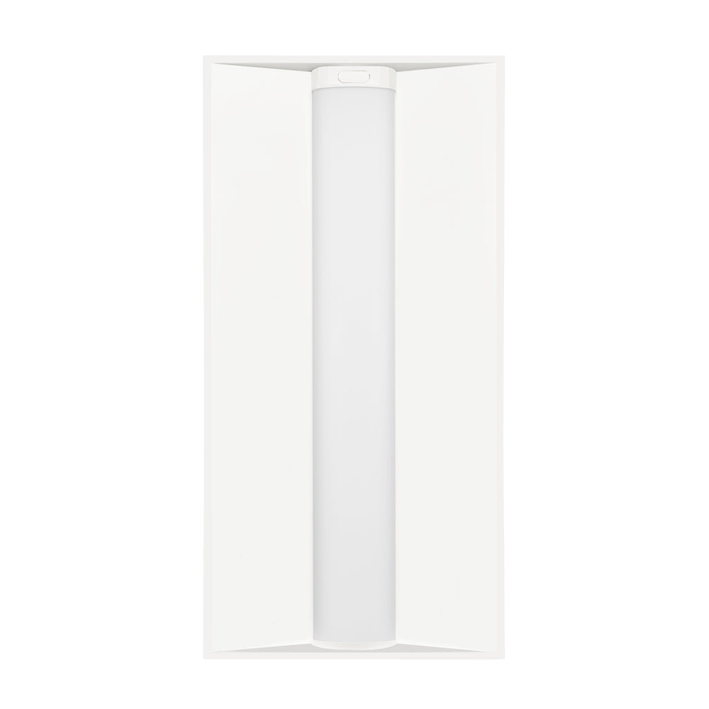 35W Selectable LED Recessed Panel — 2x4 by GKOLED, featuring a rectangular white design with a central cylindrical diffuser and angled side panels, viewed from directly below.