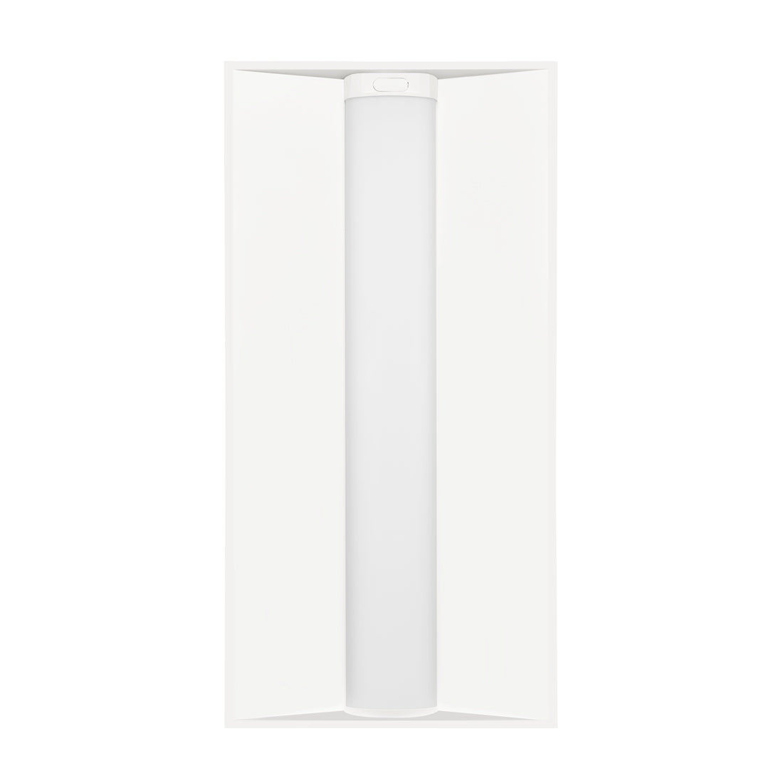 35W Selectable LED Recessed Panel — 2x4 by GKOLED, featuring a rectangular white design with a central cylindrical diffuser and angled side panels, viewed from directly below.