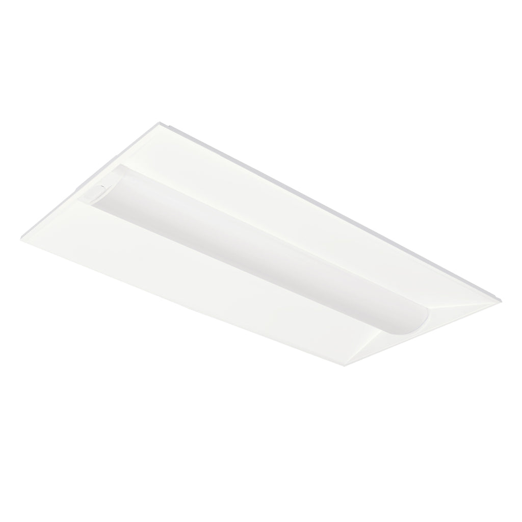 GKOLED 35W Selectable LED Recessed Panel — 2x4, rectangular white ceiling fixture featuring a curved, recessed center, shown at an angle against a white background.