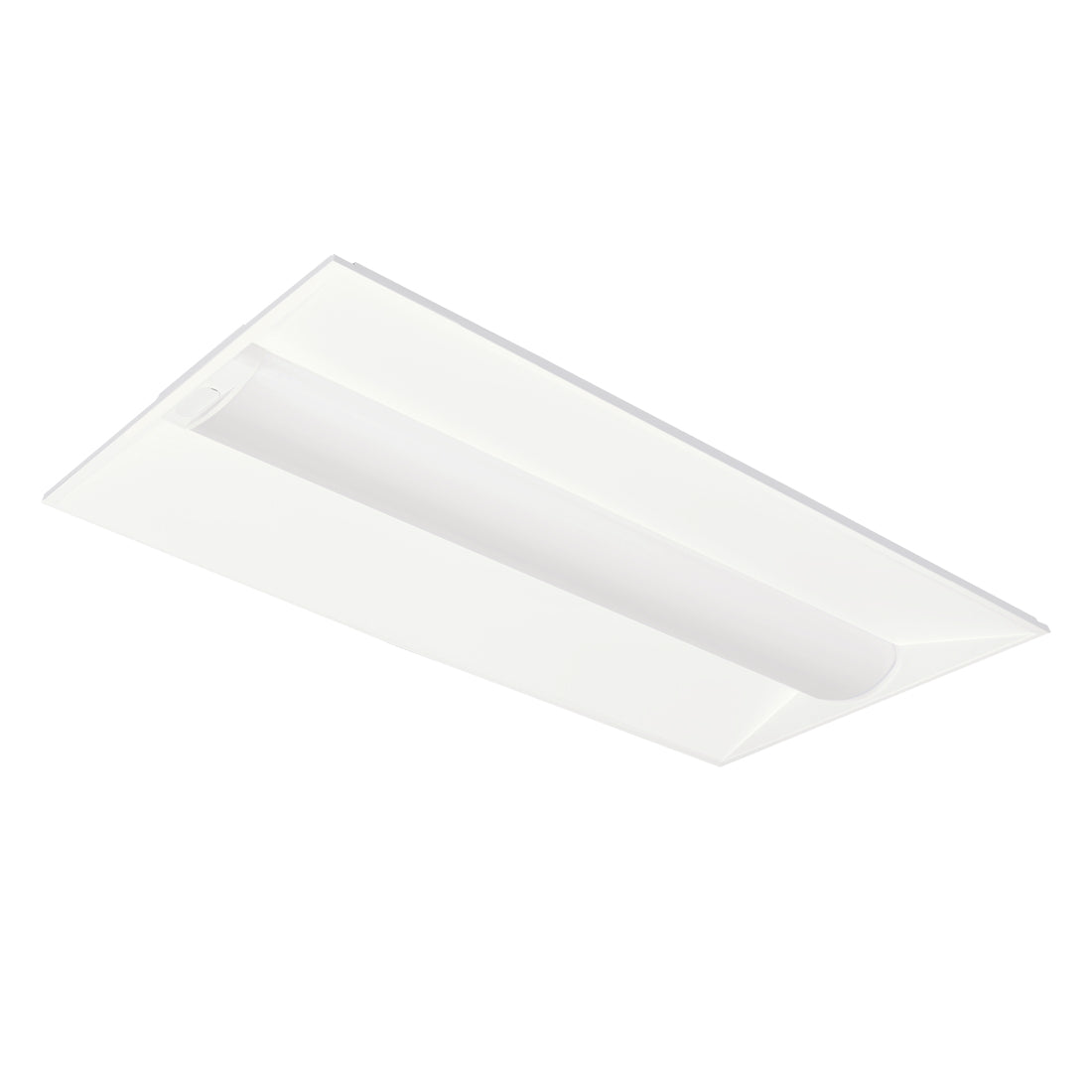 GKOLED 35W Selectable LED Recessed Panel — 2x4, rectangular white ceiling fixture featuring a curved, recessed center, shown at an angle against a white background.