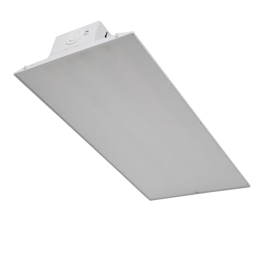 GradeONE 240W Selectable LED Linear High Bay — Medium, featuring a white frame and textured diffuser, viewed from below at an angle against a plain white background.