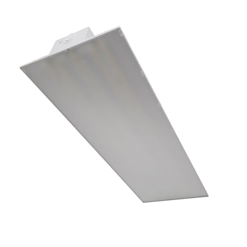 A GradeONE 389W Selectable LED Linear High Bay — Medium (347-480V) fixture viewed from below, featuring a white frame and a frosted diffusing cover, isolated on a white background.