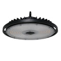 The GradeONE 236W Selectable LED Round High Bay — Type V features a black finned heat sink, a circular frosted lens, and a central hook for ceiling mounting, shown against a white background.