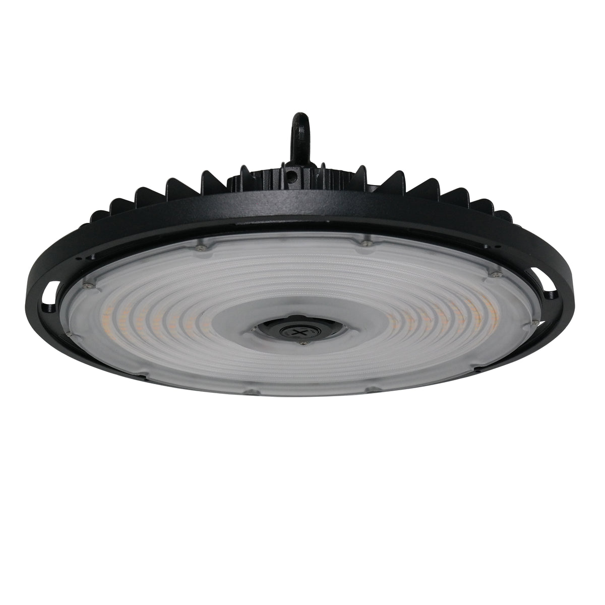 The GradeONE 236W Selectable LED Round High Bay — Type V features a black finned heat sink, a circular frosted lens, and a central hook for ceiling mounting, shown against a white background.