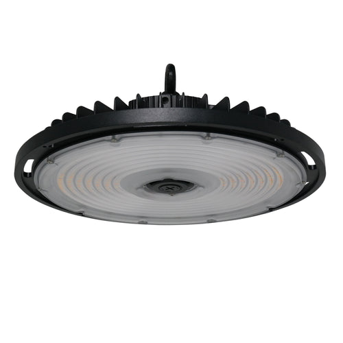 The GradeONE 236W Selectable LED Round High Bay — Type V features a black finned heat sink, a circular frosted lens, and a central hook for ceiling mounting, shown against a white background.