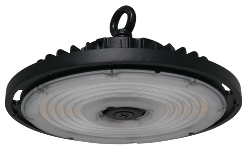 236W Selectable LED Round High Bay — Type V by GradeONE, featuring a black heatsink, circular LED array, and a top hanging hook, shown from below against a white background.