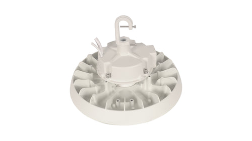A naturaLED 150W Selectable LED Round High Bay (HBR) fixture with a hook mount and exposed wiring, shown from the back against a plain white background.