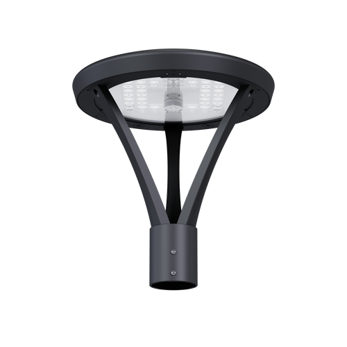 The naturaLED 100W Selectable LED Post Top Light — Type V features a round black metal frame with three angled supports and a circular LED array beneath the top cover, shown against a plain white background.