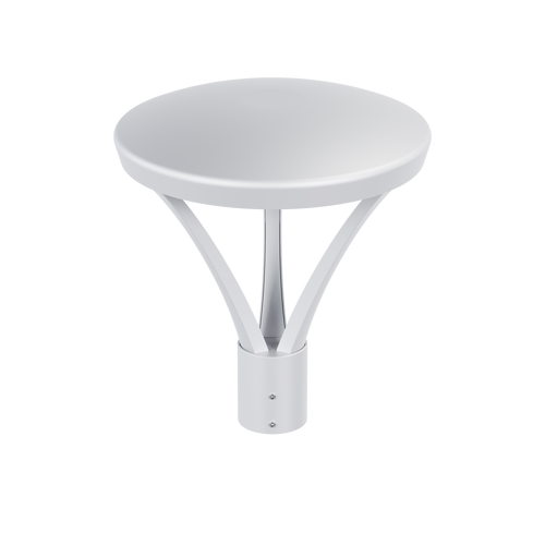 NaturaLED 100W Selectable LED Post Top Light — Type V features a silver round flat top supported by three angled arms connected to a cylindrical base, shown against a plain white background.