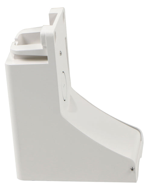 NaturaLED Area Light Pole Mount 6″ in white — a wall-mounted bracket featuring a curved lower section and a recessed top area, designed to hold or support area lighting fixtures securely.