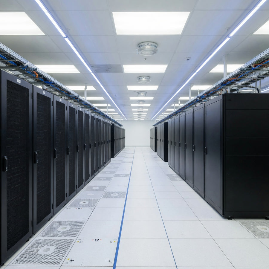 Data center aisle under LED panels and strip lights