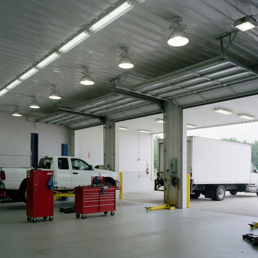 Fleet garage lit by LED high bays, vapor-tight strips, and canopy lights