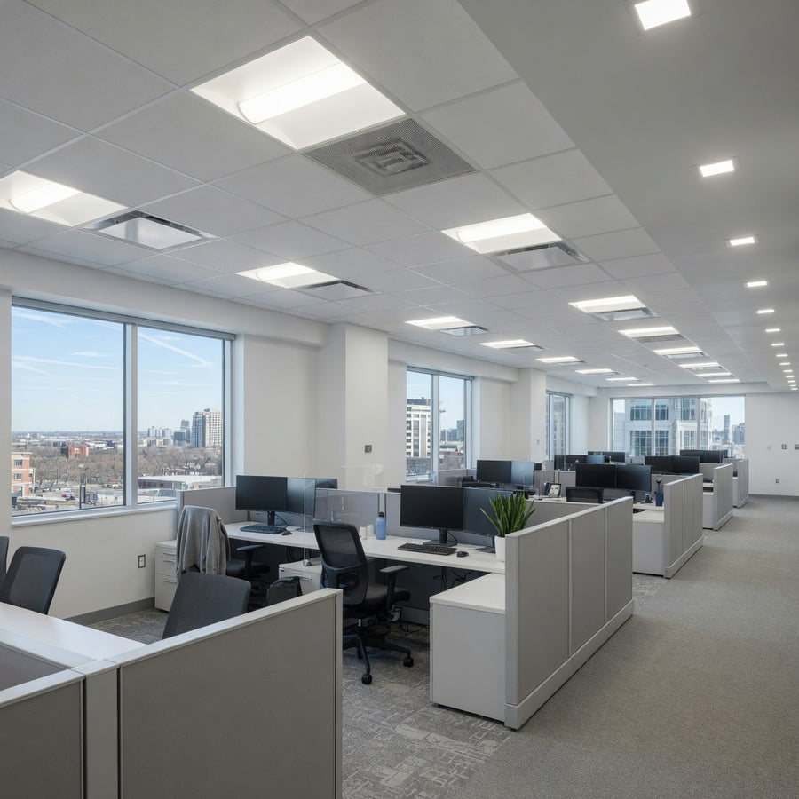 Open office lit by LED flat panels, troffers, and downlights