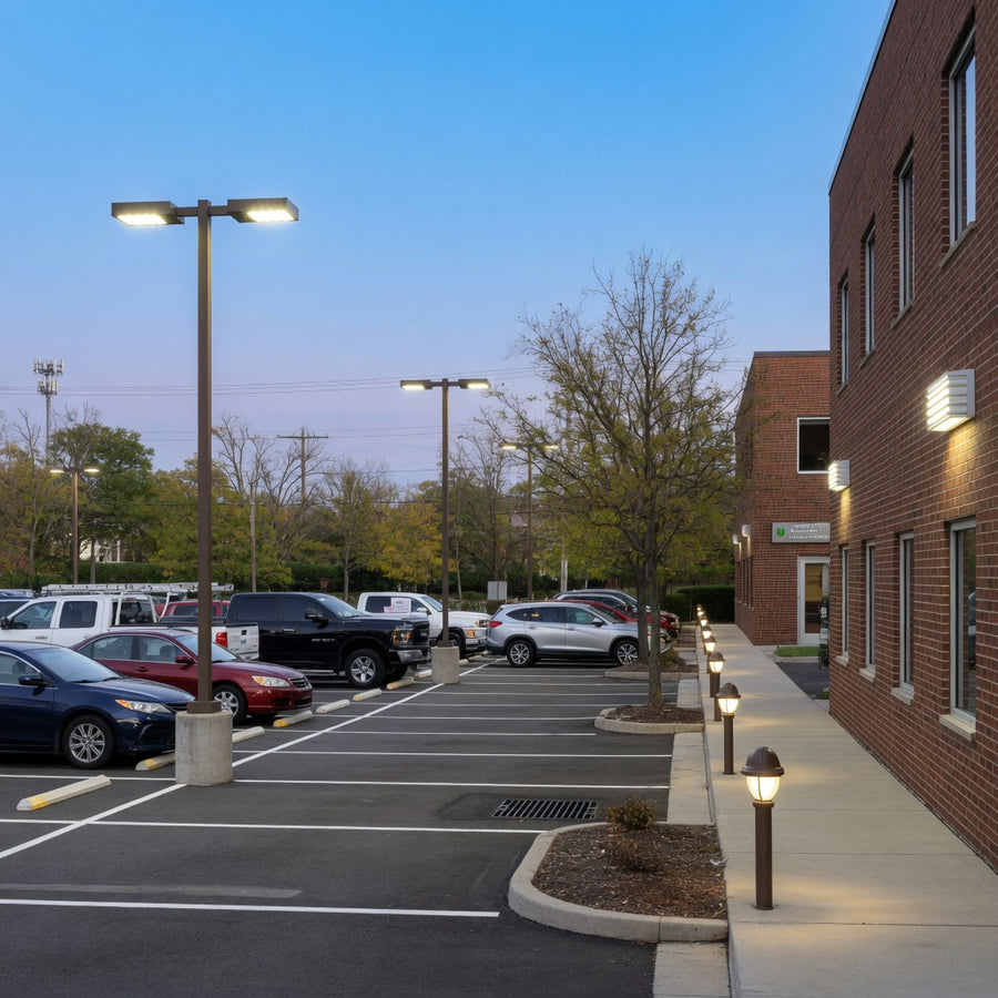 Office parking lot at dusk with LED area lights, wall packs, and post-top lights