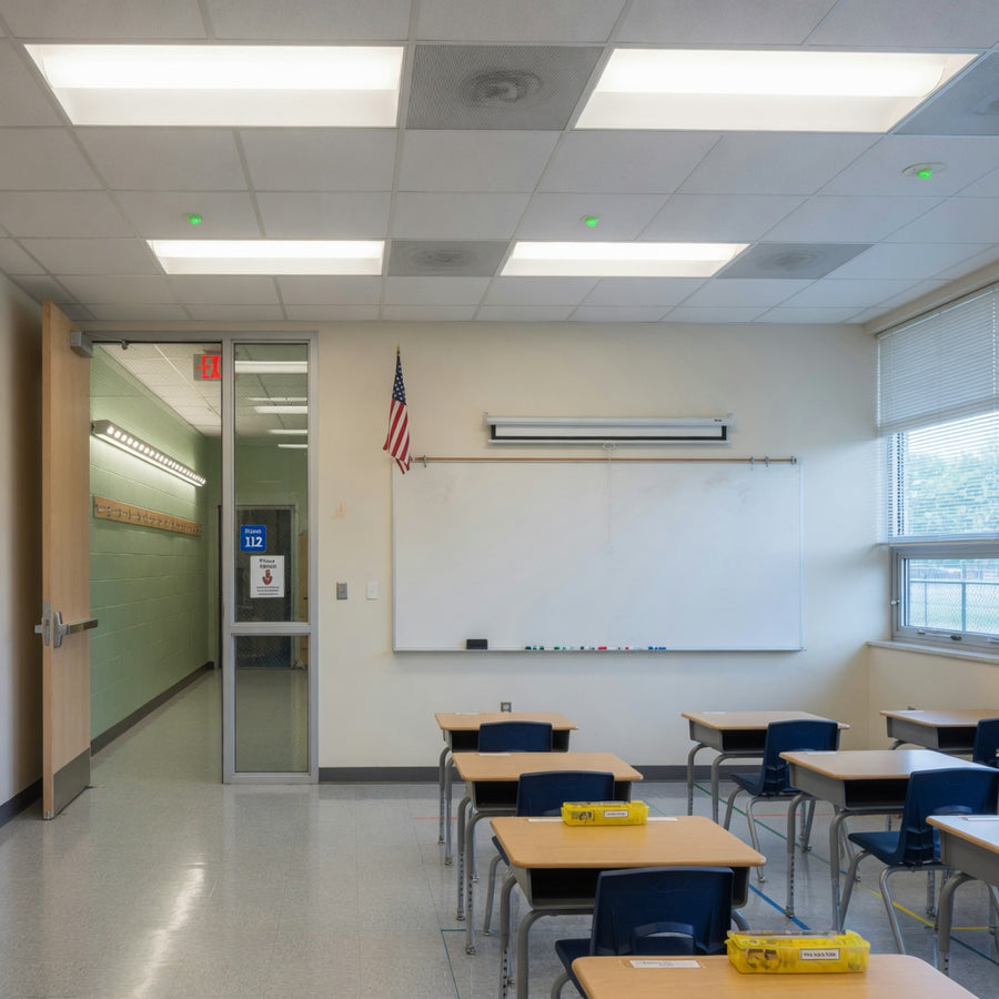 Elementary classroom lit by LED flat panels and troffers