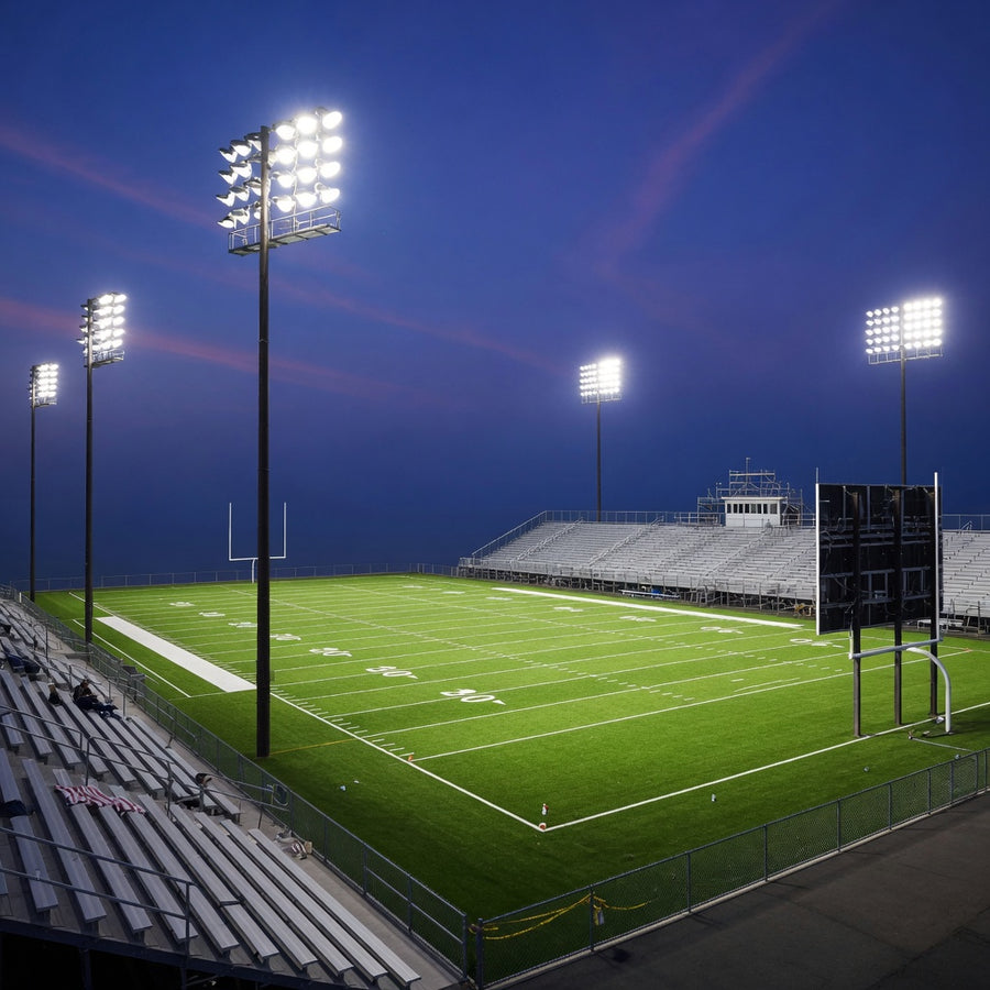 High school football field under LED sports floodlights