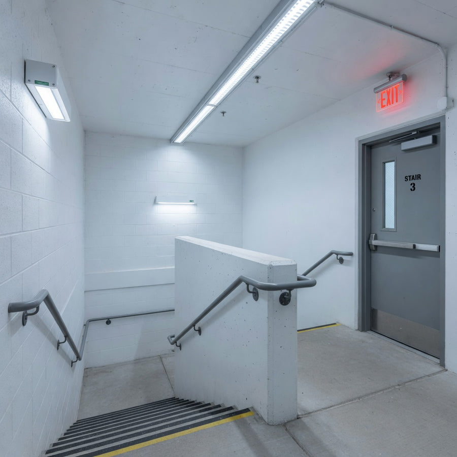 Bright commercial stairwell with LED fixtures and an exit sign