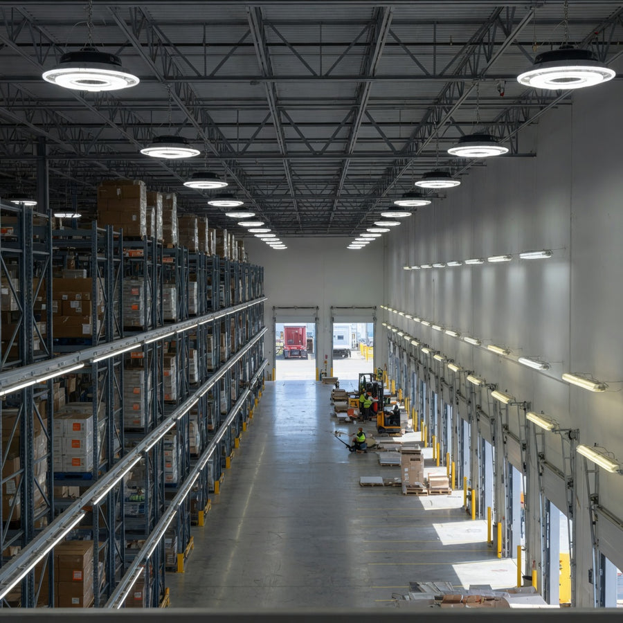 Bright warehouse aisle under LED high bays, strip lights, and wall packs
