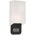 Décor 2 Light Indoor LED Address Light with Braille by Access Lighting features a rectangular design with a frosted white cover and a black panel below that displays address numbers in a cutout style.
