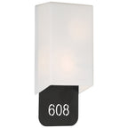 Décor 2 Light Indoor LED Address Light with Braille by Access Lighting features a rectangular design with a frosted white cover and a black panel below that displays address numbers in a cutout style.