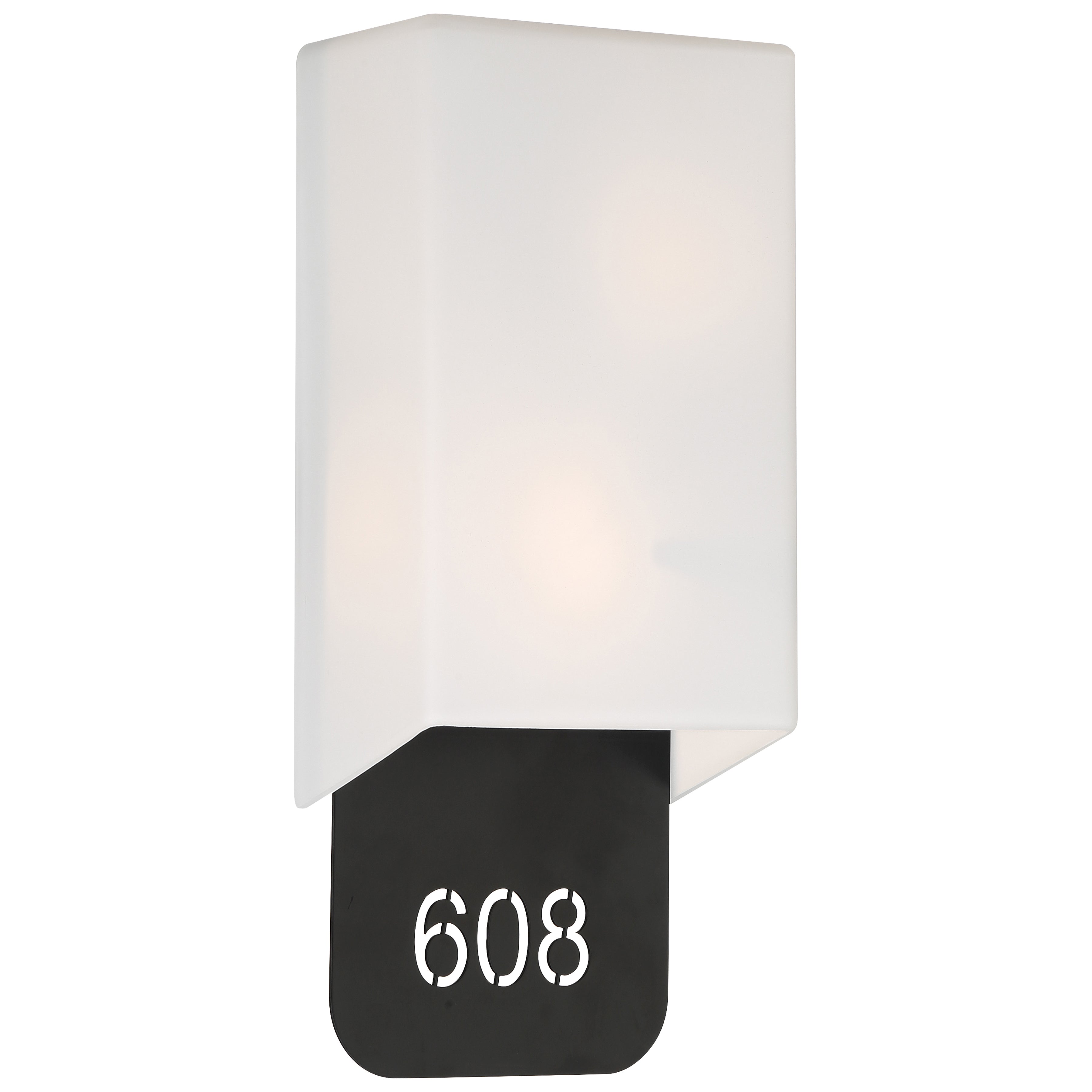 Décor 2 Light Indoor LED Address Light with Braille by Access Lighting features a rectangular design with a frosted white cover and a black panel below that displays address numbers in a cutout style.
