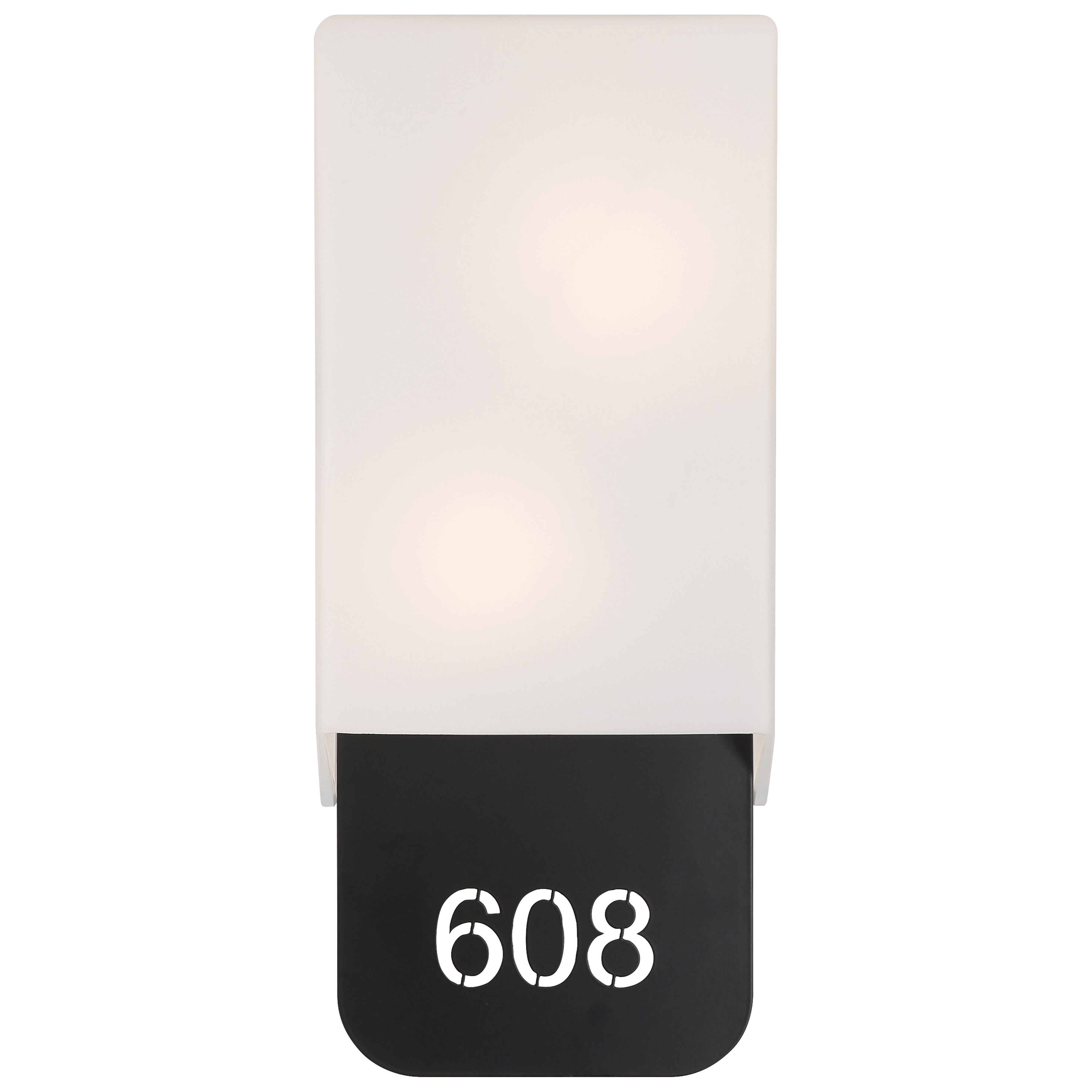 Décor 2 Light Indoor LED Address Light with Braille by Access Lighting, featuring a wall-mounted black plaque displaying the number 608 in white and a rectangular white cover.