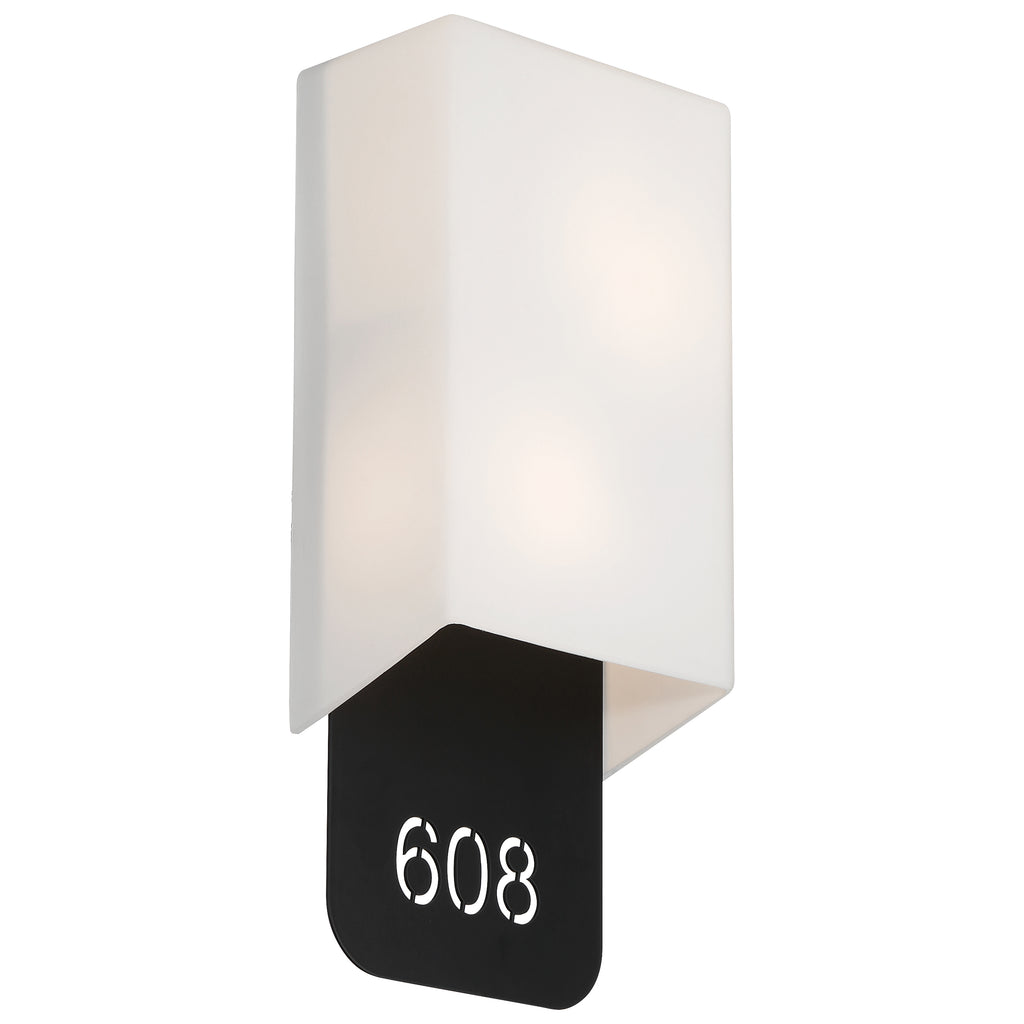Décor 2 Light Indoor LED Address Light with Braille by Access Lighting features a wall-mounted black plate with a frosted white rectangular shade and displays the number 608 in white.