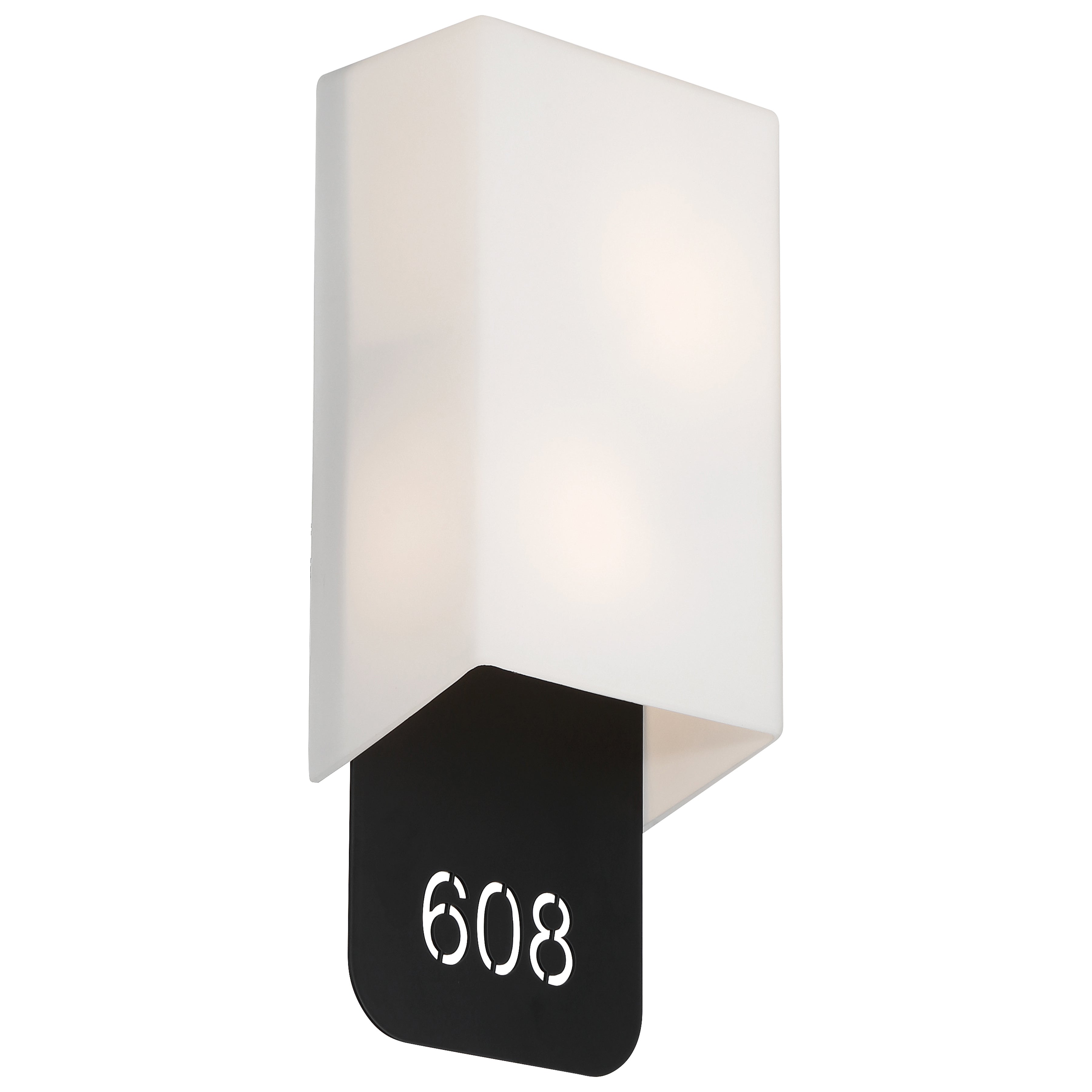 Décor 2 Light Indoor LED Address Light with Braille by Access Lighting features a wall-mounted black plate with a frosted white rectangular shade and displays the number 608 in white.