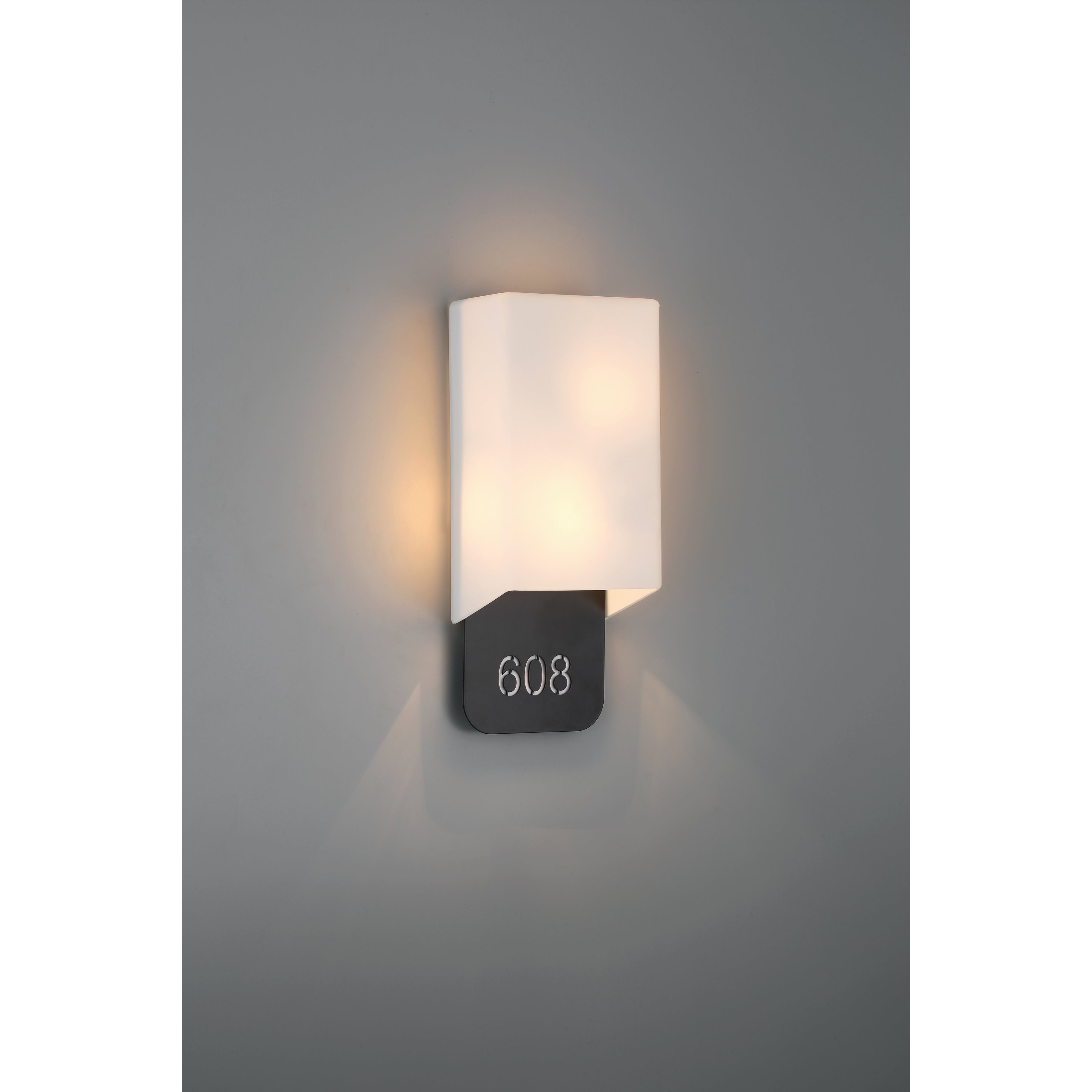 The Décor 2 Light Indoor LED Address Light with Braille by Access Lighting, featuring a frosted rectangular shade, is mounted on a gray wall above a black plaque displaying the number 608.