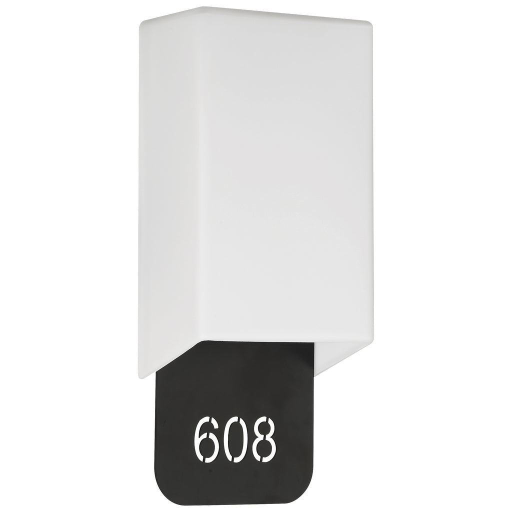 Access Lighting Décor 2 Light Indoor LED Address Light with Braille features a white rectangular wall sconce and a black plaque with cut-out numerals displaying the number 608.
