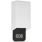 Access Lighting Décor 2 Light Indoor LED Address Light with Braille features a white rectangular wall sconce and a black plaque with cut-out numerals displaying the number 608.