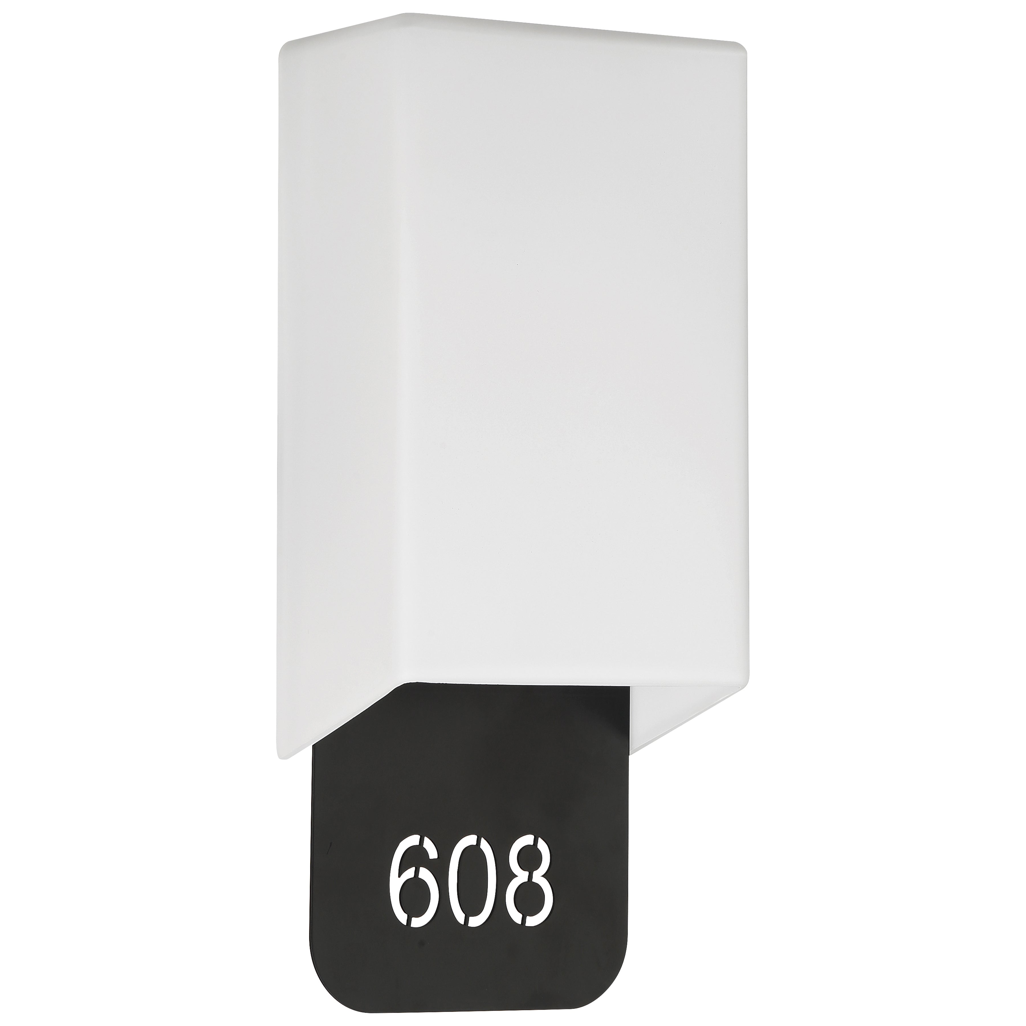 Access Lighting Décor 2 Light Indoor LED Address Light with Braille features a white rectangular wall sconce and a black plaque with cut-out numerals displaying the number 608.
