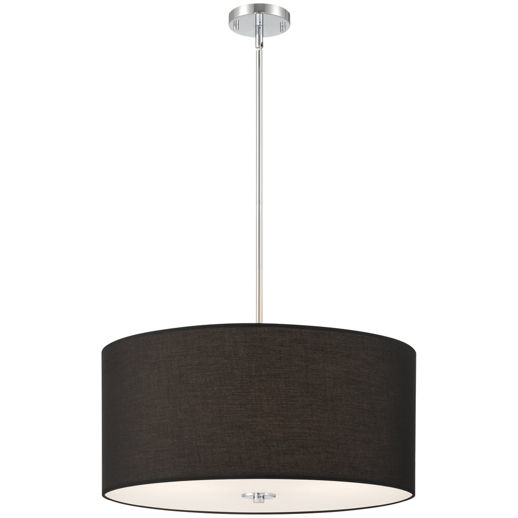 The Downtown 2 Light Pendant by Access Lighting is a ceiling-mounted fixture featuring a cylindrical black fabric shade, suspended by a slender metal rod and complemented with a matching metal ceiling plate.
