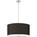 The Downtown 2 Light Pendant by Access Lighting is a ceiling-mounted fixture featuring a cylindrical black fabric shade, suspended by a slender metal rod and complemented with a matching metal ceiling plate.