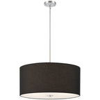 The Downtown 2 Light Pendant by Access Lighting is a ceiling-mounted fixture featuring a cylindrical black fabric shade, suspended by a slender metal rod and complemented with a matching metal ceiling plate.