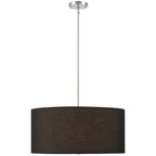 The Downtown 2 Light Pendant by Access Lighting features a modern design with a silver rod and a large, cylindrical black fabric lampshade.