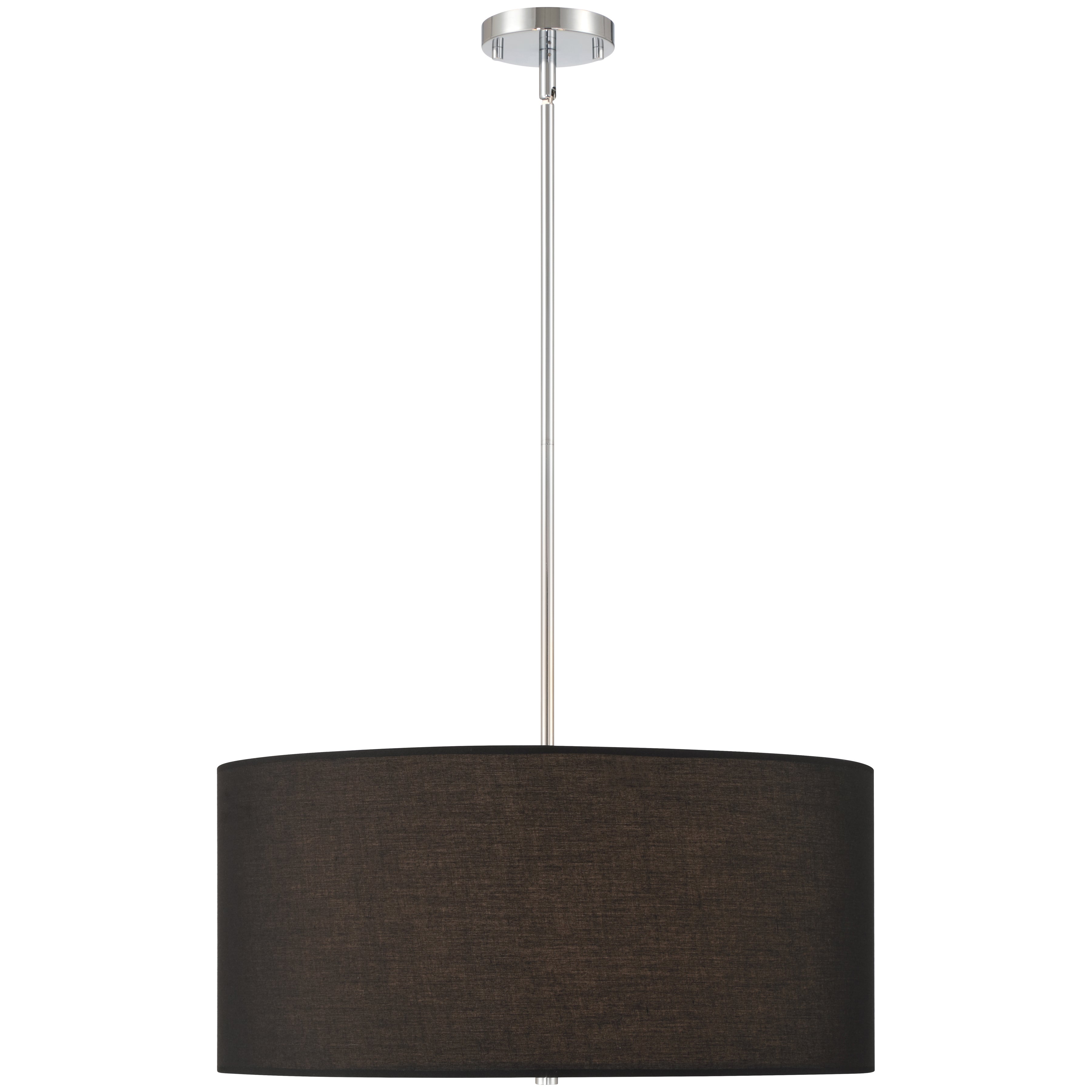 The Downtown 2 Light Pendant by Access Lighting features a modern design with a silver rod and a large, cylindrical black fabric lampshade.