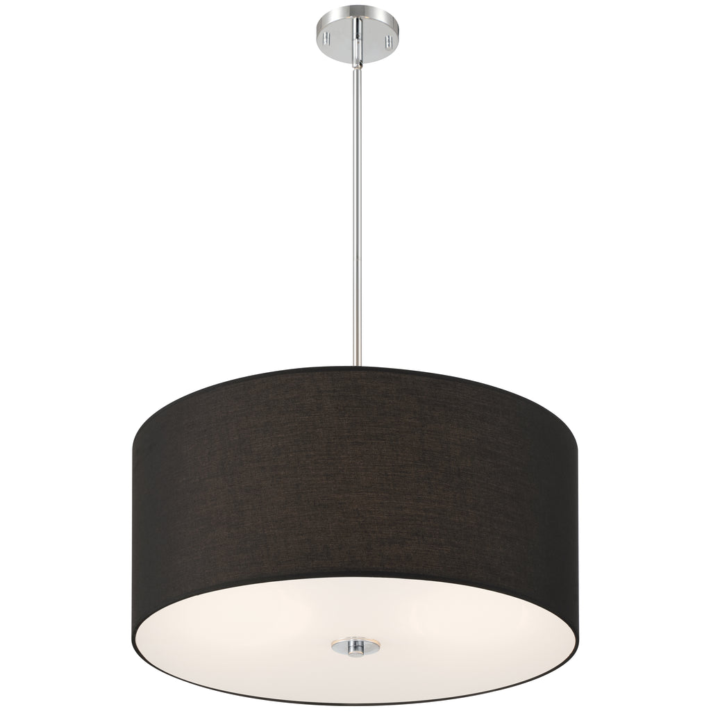 The Downtown 2 Light Pendant by Access Lighting features a modern design with a black cylindrical fabric shade, a white diffuser at the bottom, and is suspended by a sleek metal rod.