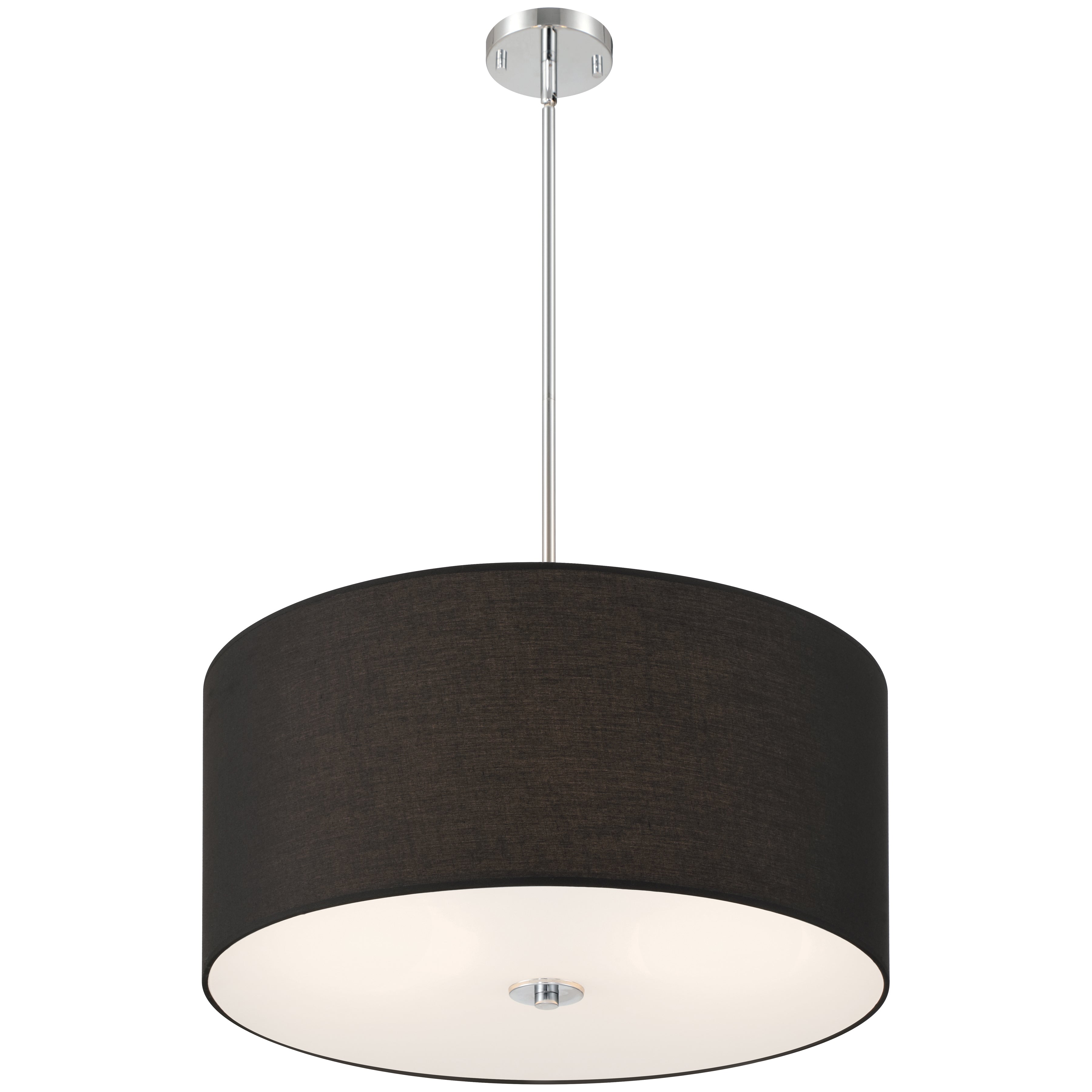 The Downtown 2 Light Pendant by Access Lighting features a modern design with a black cylindrical fabric shade, a white diffuser at the bottom, and is suspended by a sleek metal rod.