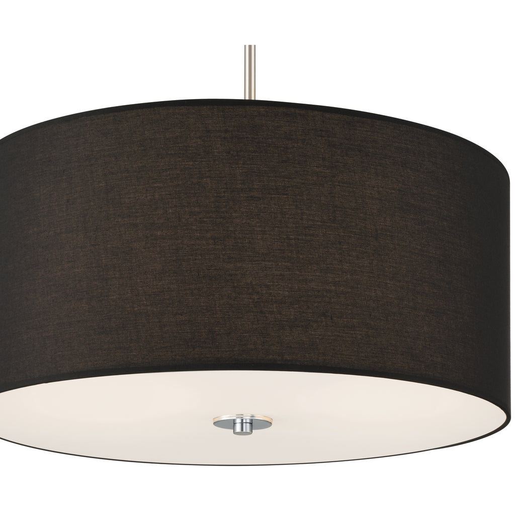 The Downtown 2 Light Pendant by Access Lighting is a black drum pendant ceiling light fixture, featuring a fabric shade and a metal accent at the base.