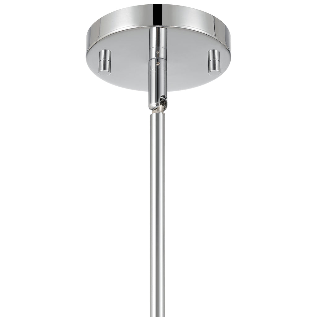 Close-up of the Downtown 2 Light Pendant by Access Lighting, featuring a modern chrome ceiling canopy with a rod attachment for mounting the pendant fixture.